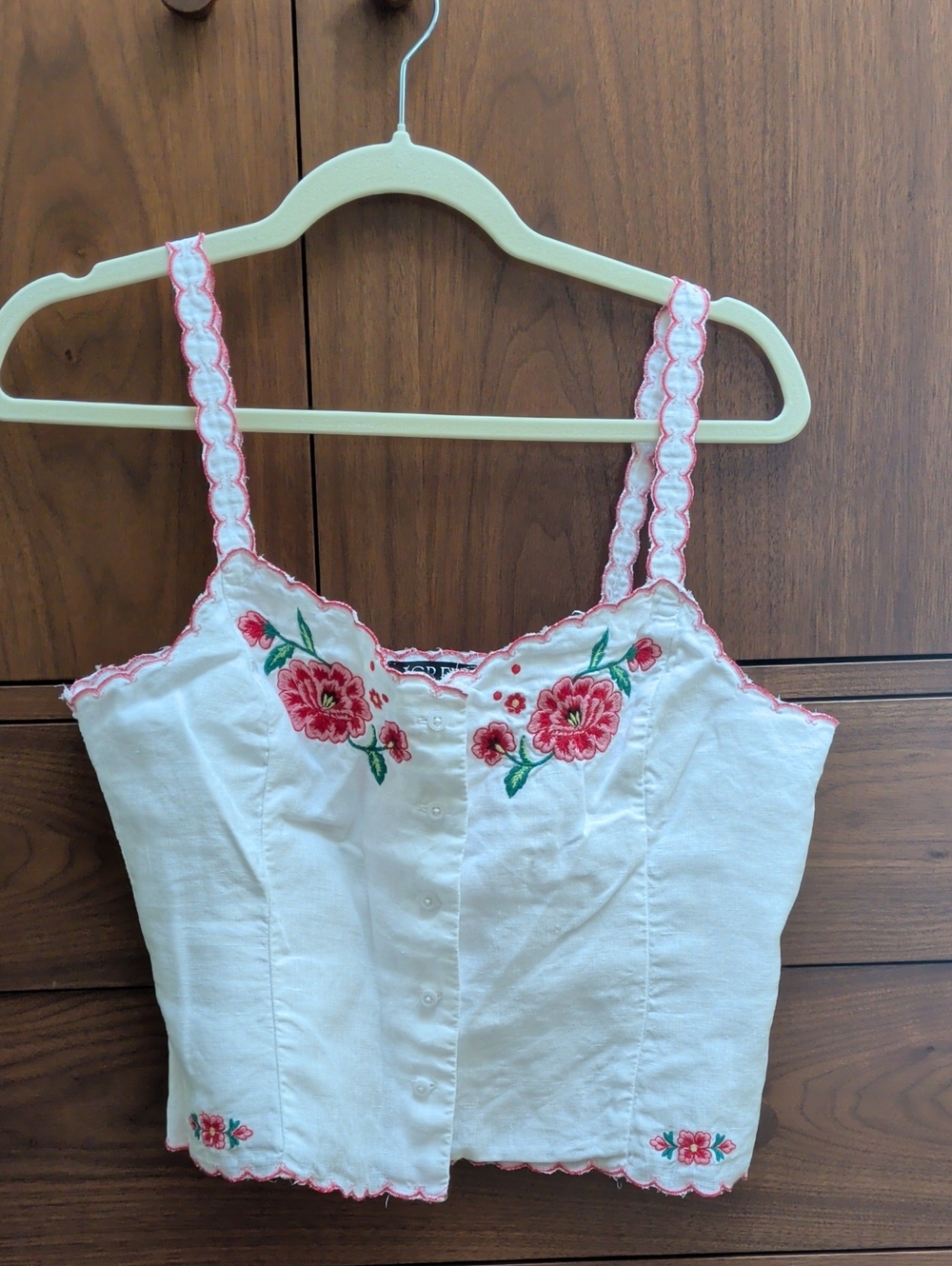 White Embroidered Floral Button-Front Crop Top